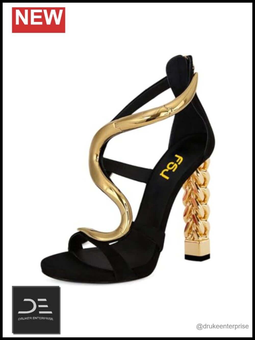 Chunky High Heel Sandals with Gold Chain Ankle Strap Open Toe